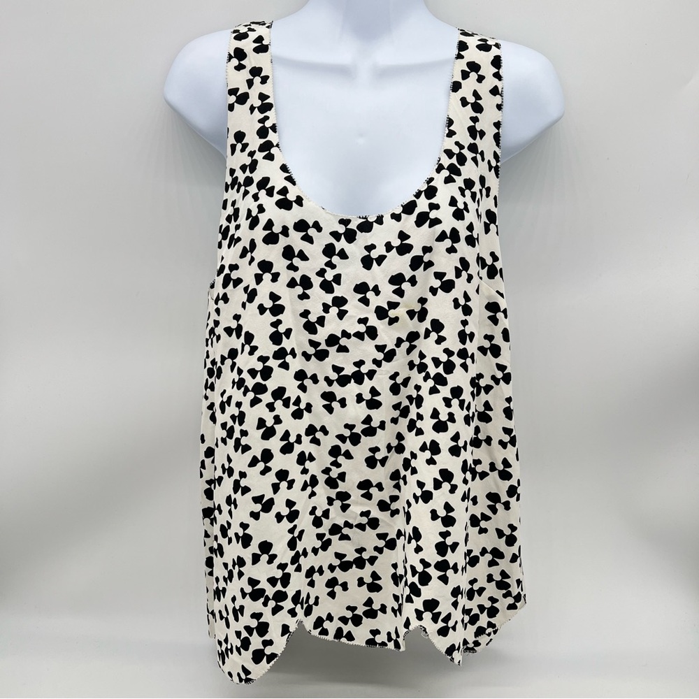 Joie Black and White Abstract Floral Patterned Silk Tank Top Scalloped Hem- Sz M